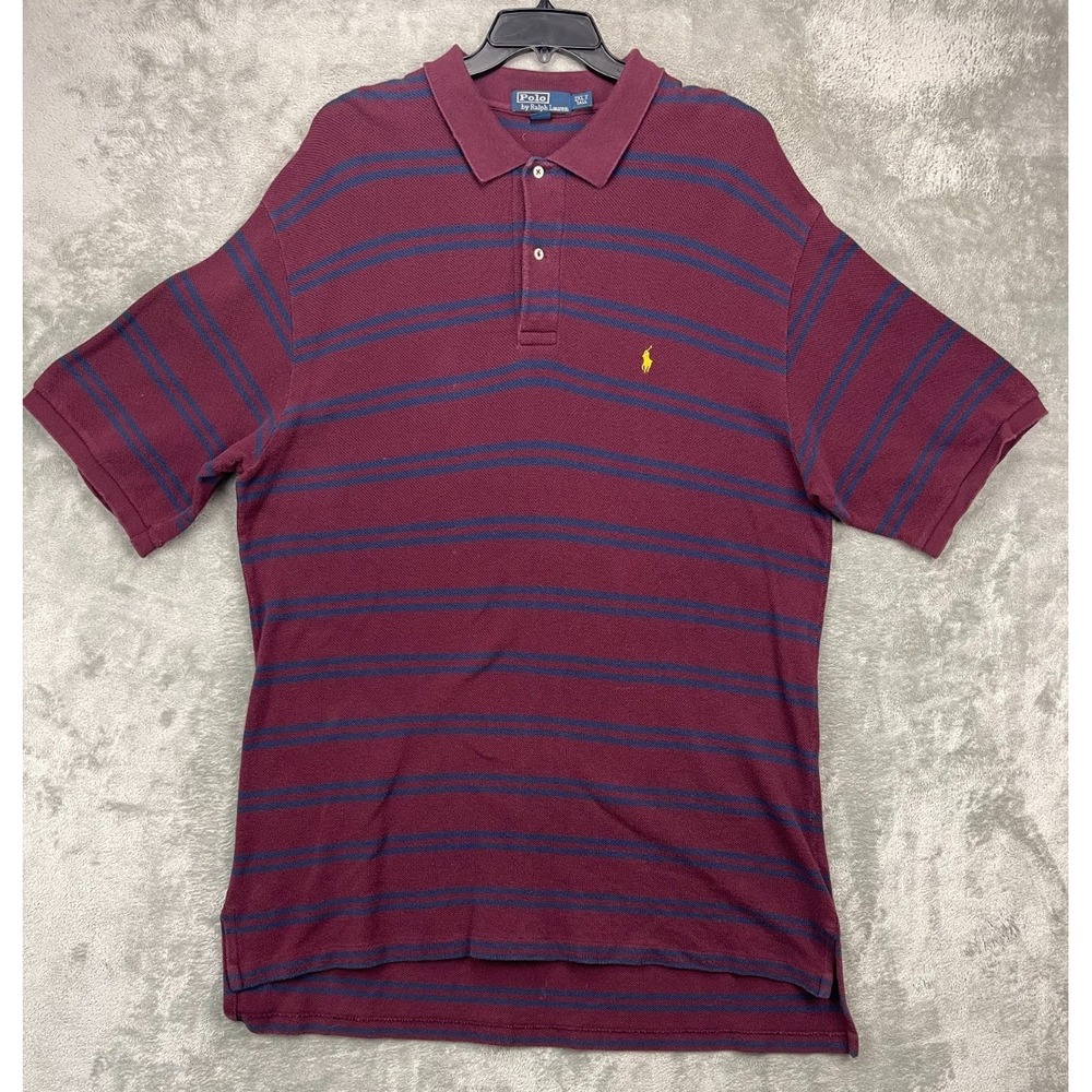 VTG Polo Ralph Lauren Men's Short Sleeve Polo Shirt 2XLT Tall Maroon‎ Striped